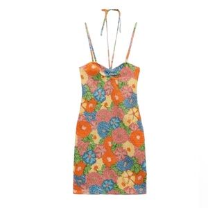 New! Zara Floral Print Ruched Mini Halter Summer Dress Size M